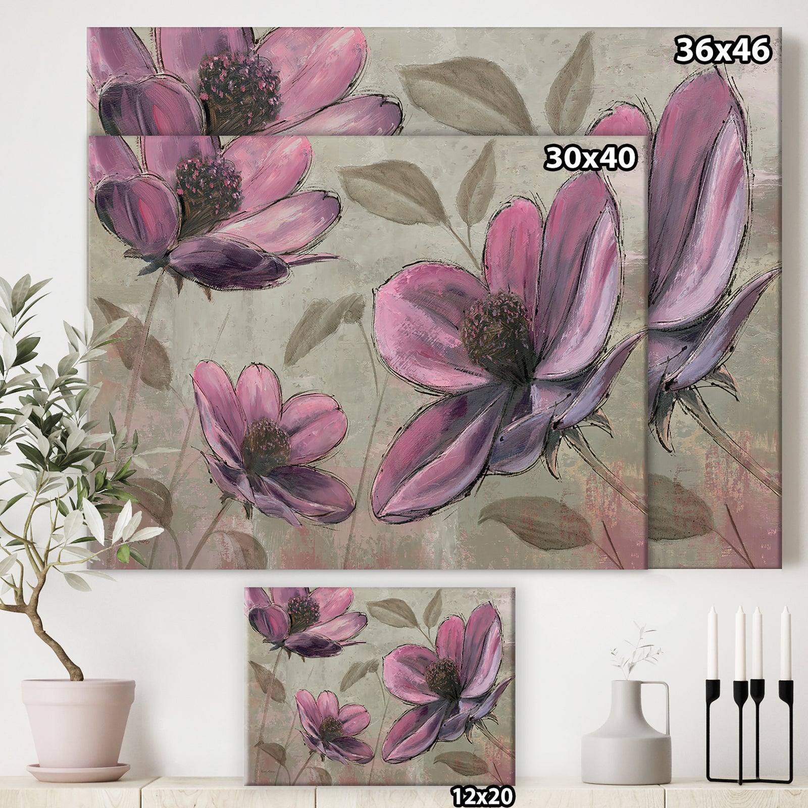 Plum Pink Cottage Flowers - Traditional Canvas Artwork