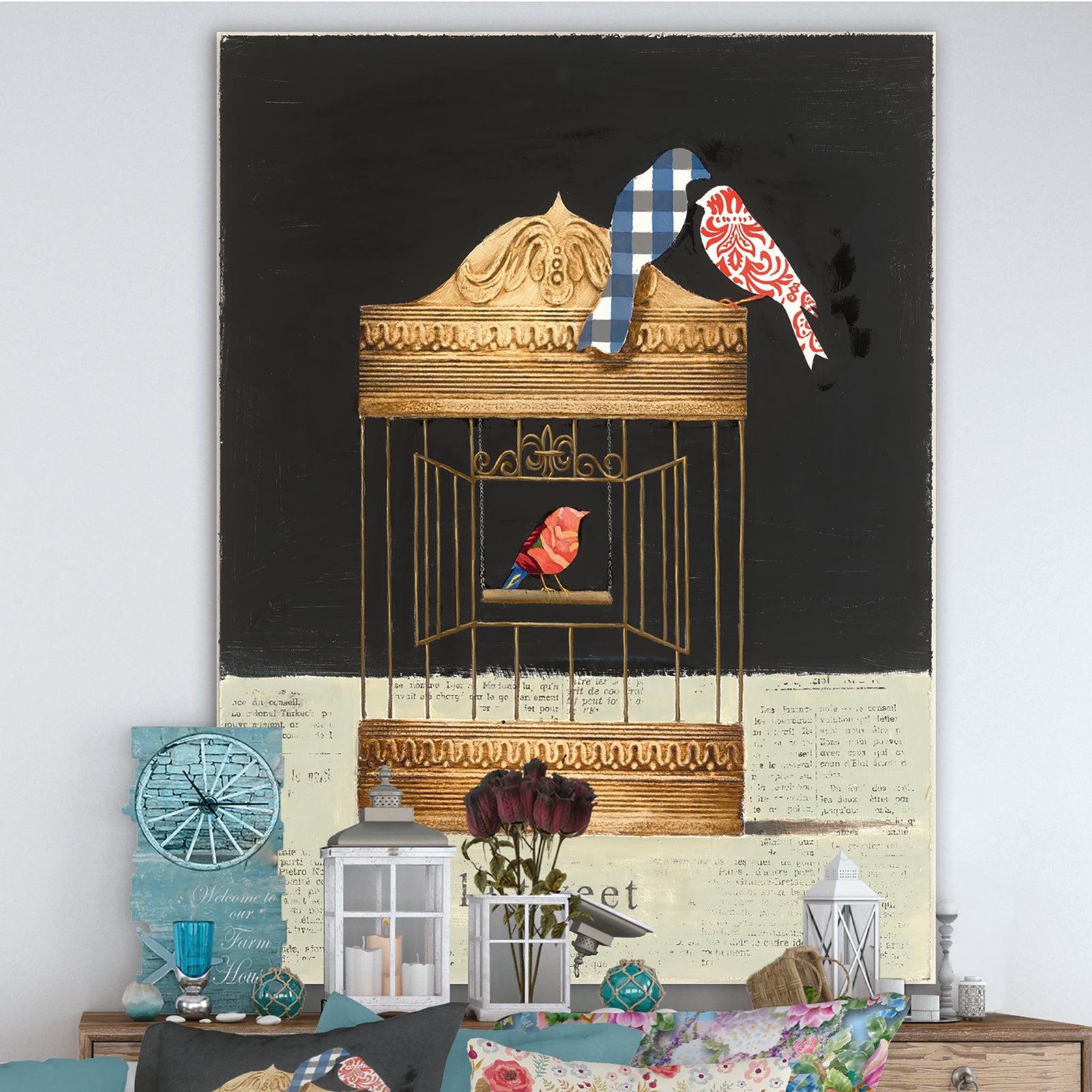 Tweet Gold Birdcage Collage - Traditional Canvas Art