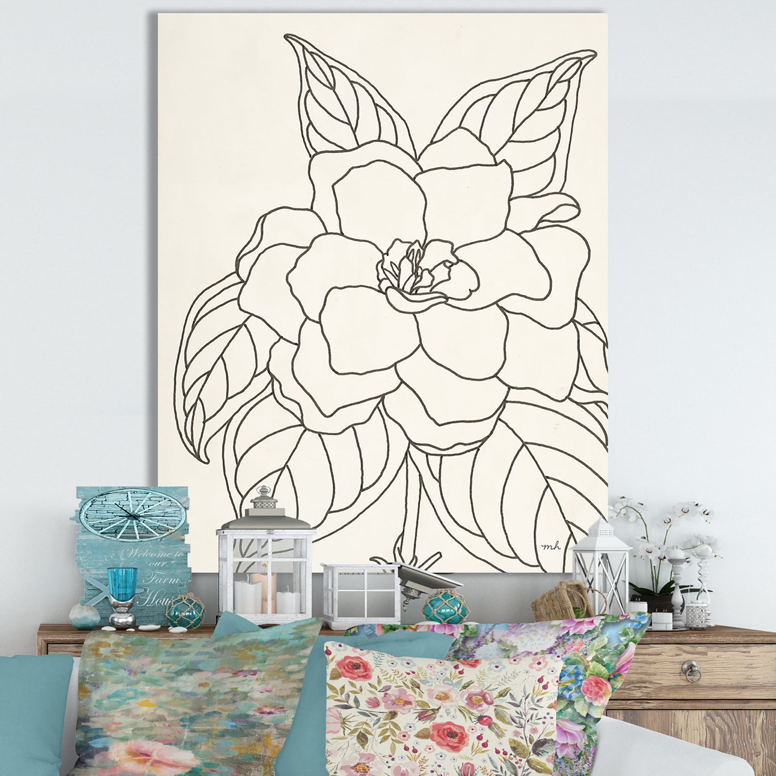 Gardenia Line Drawing Crop - Cottage Canvas Wall Art