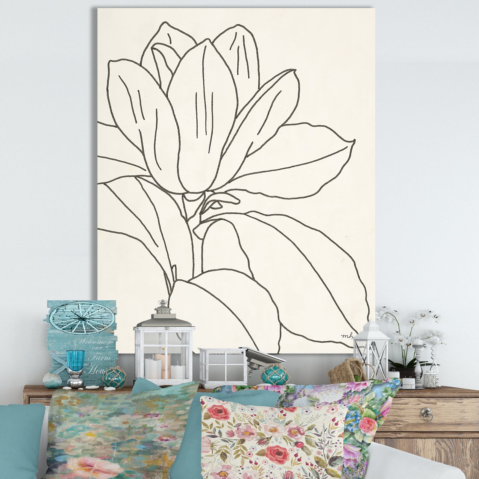 Magnolia Line Drawing v Crop - Cottage Canvas Wall Art