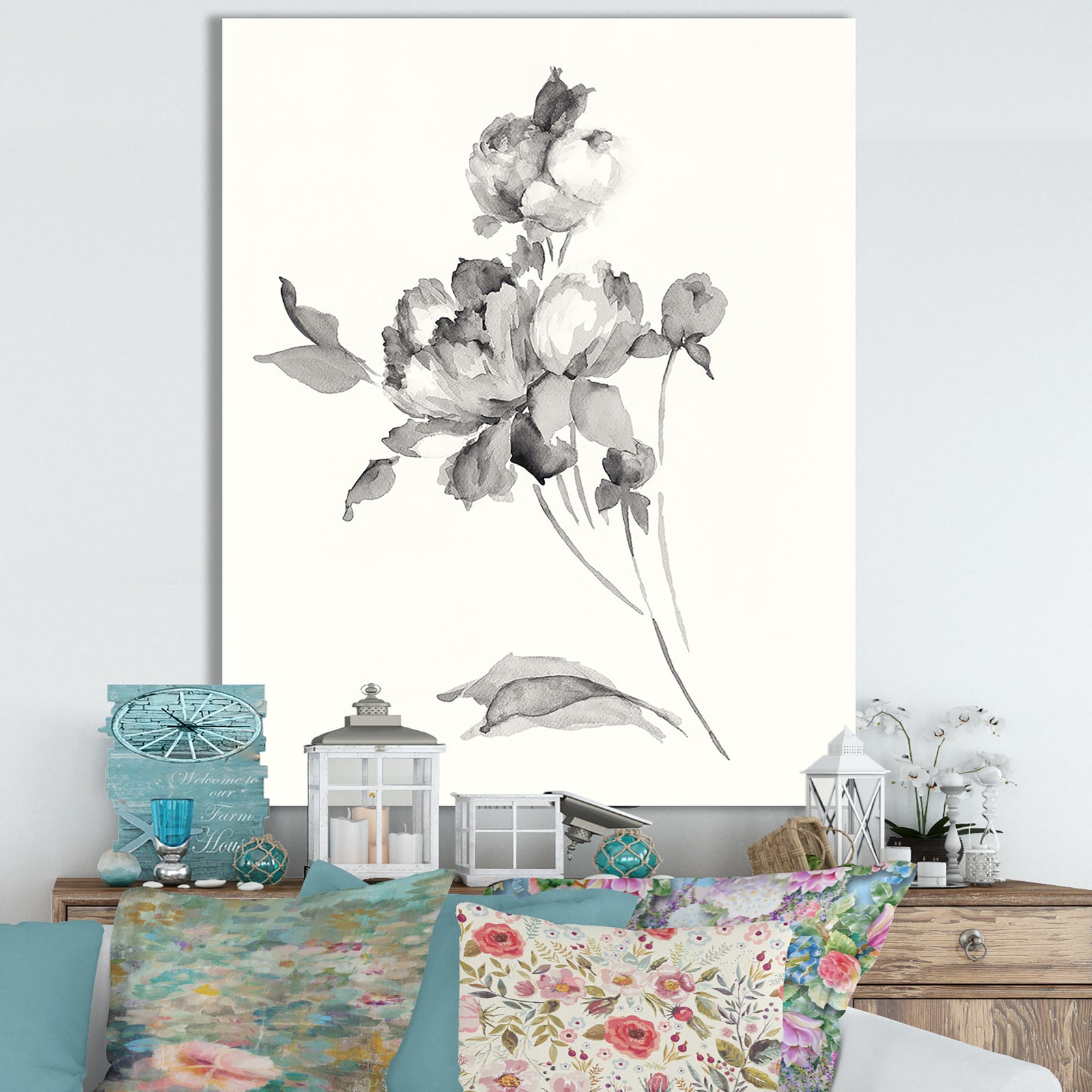 Peony Blossoms Gray - Cottage Canvas Wall Art
