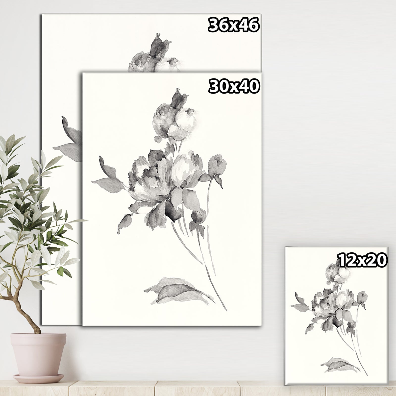 Peony Blossoms Gray - Cottage Canvas Wall Art