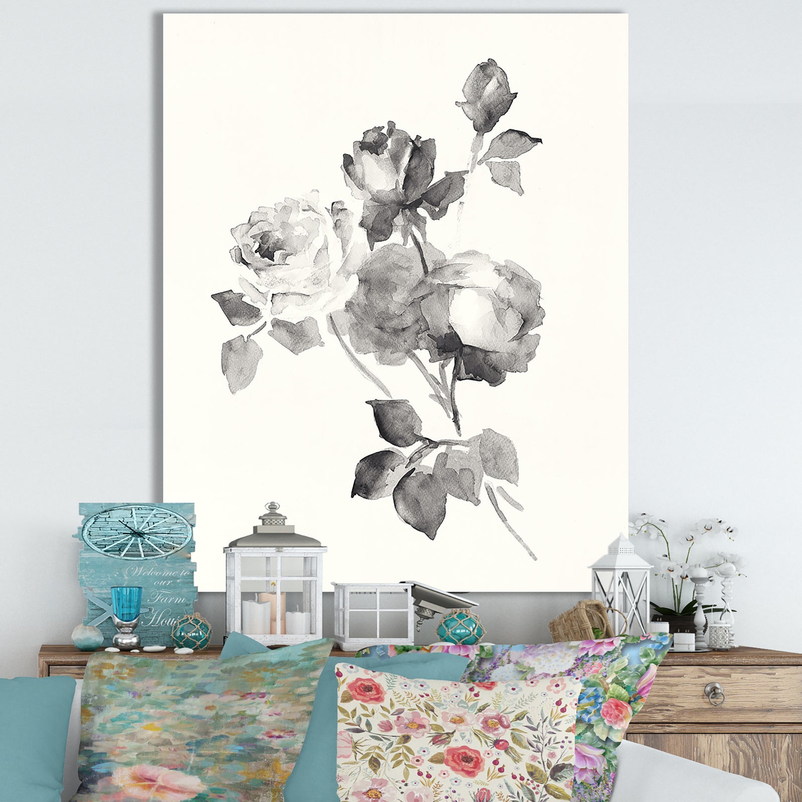 Porch Den 'Rose Blossoms Gray - Cottage Canvas Wall Art