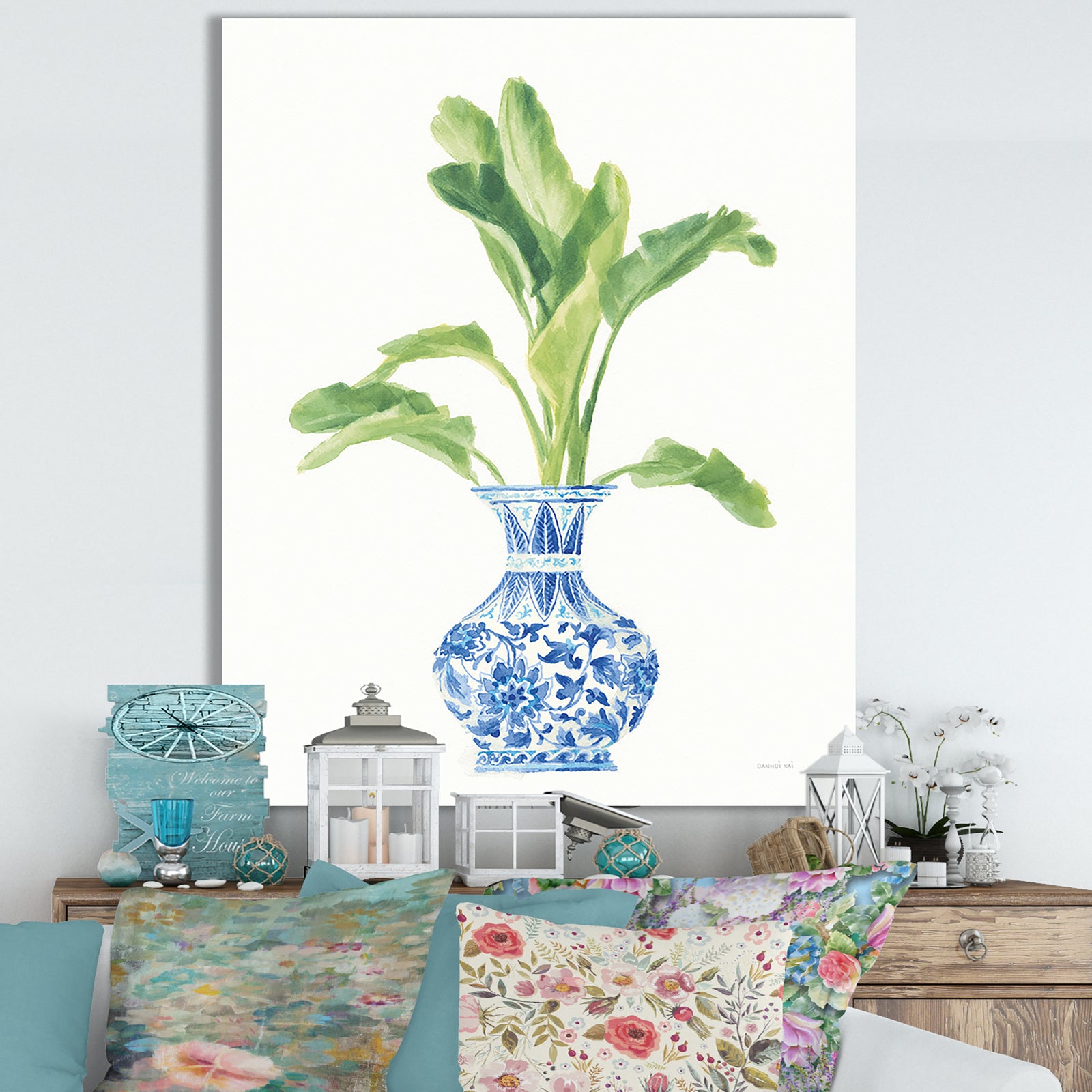 Palm Chinoiserie White I - Cottage Canvas Wall Art
