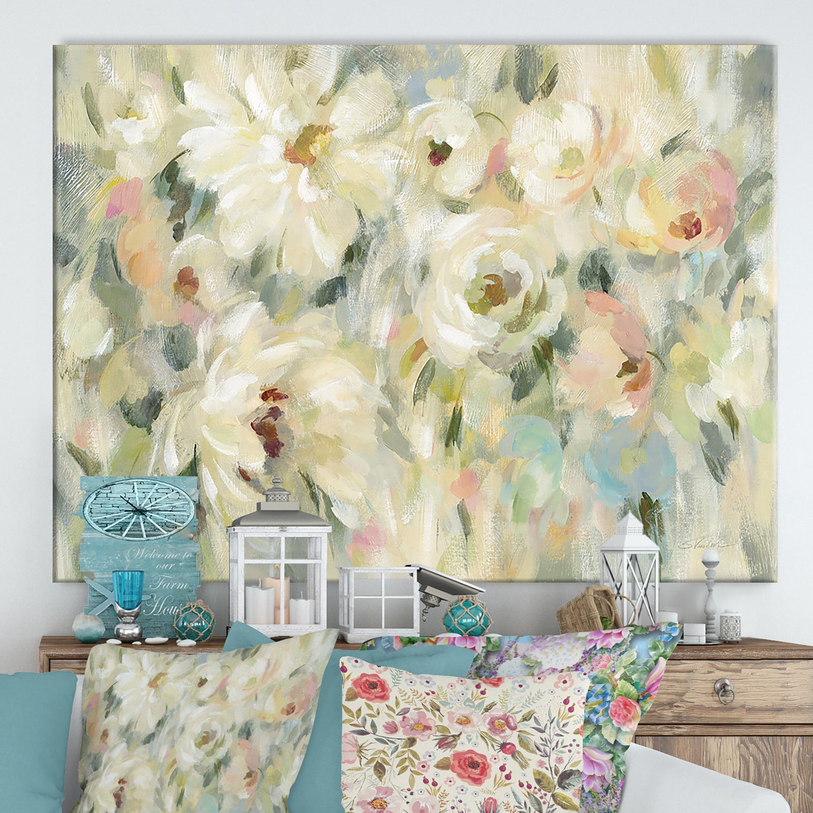 Expressive Pale Floral - Cottage Canvas Wall Art