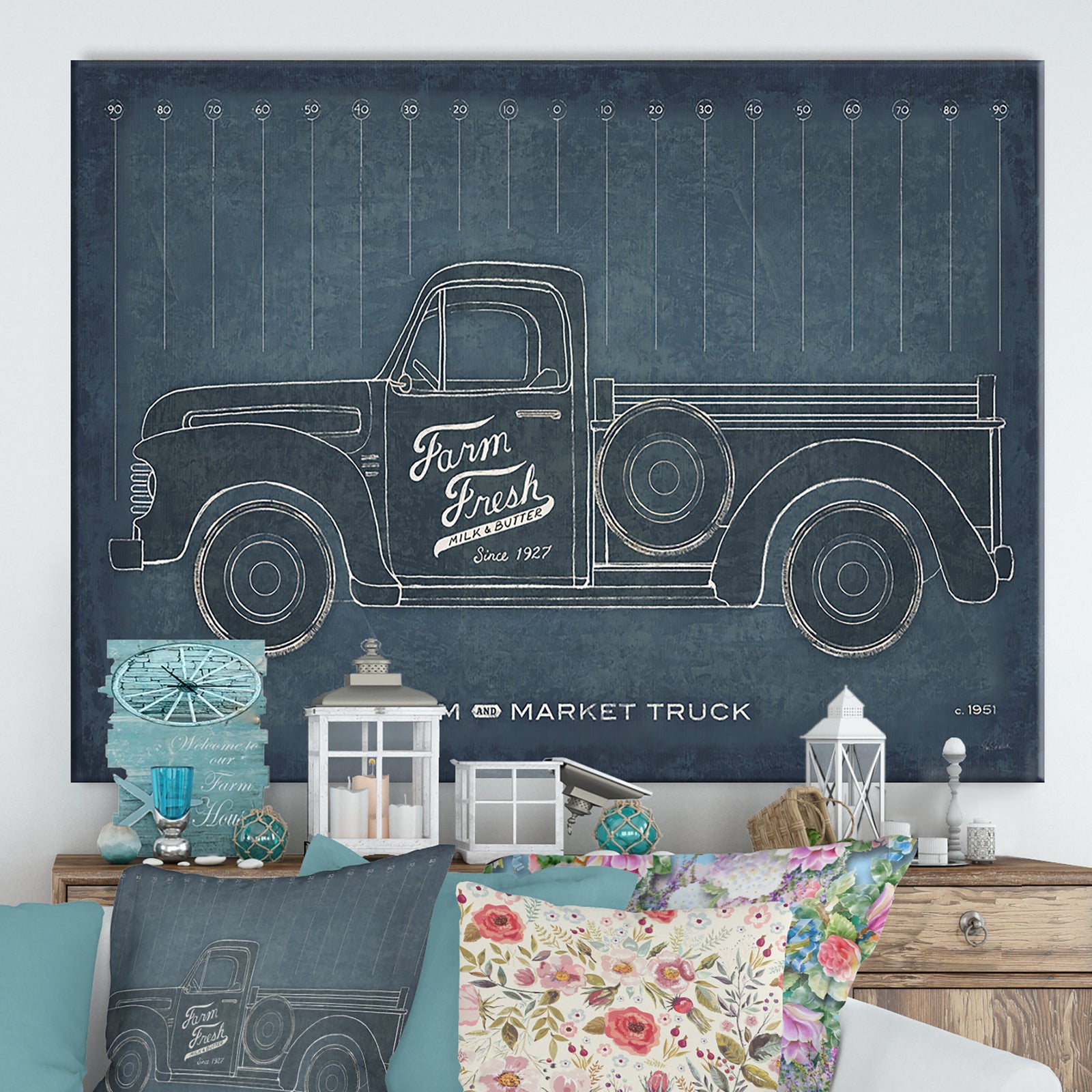 Farm Truck Blueprint - Cottage Canvas Wall Art