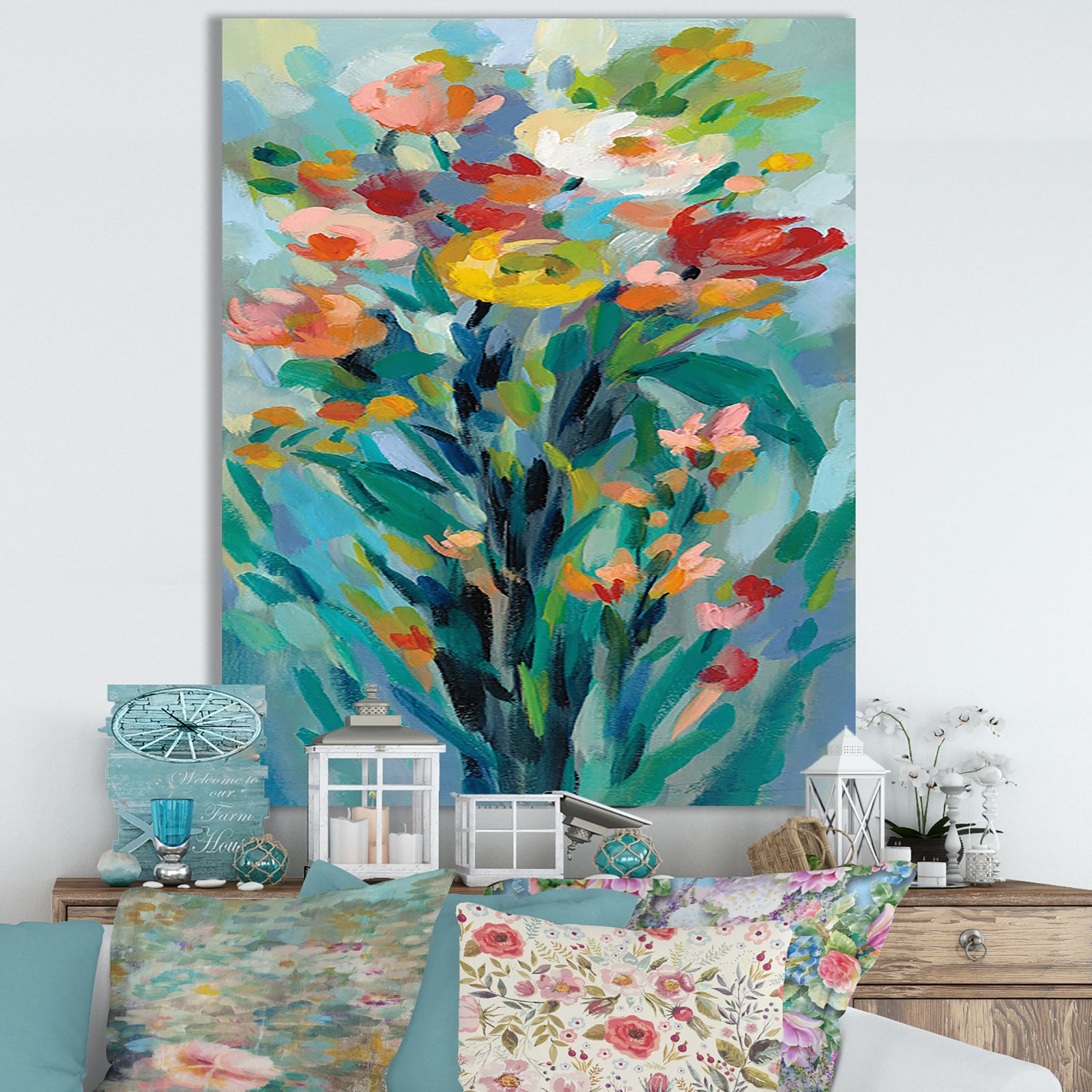 Tall Bright Flowers I - Cottage Canvas Wall Art