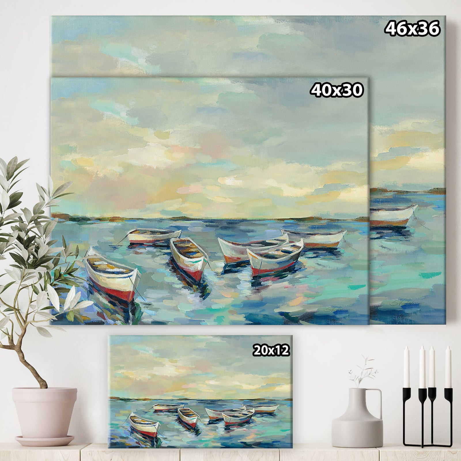 Coastal View of Boats - Cottage Canvas Wall Art