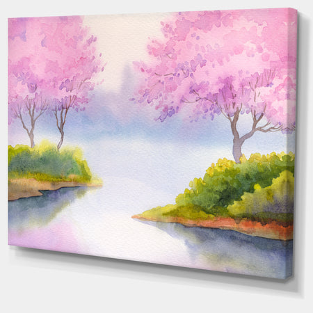 Flowering Trees Over River - Landscape Canvas Print