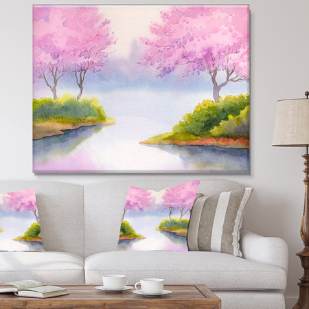 Flowering Trees Over River - Landscape Canvas Print