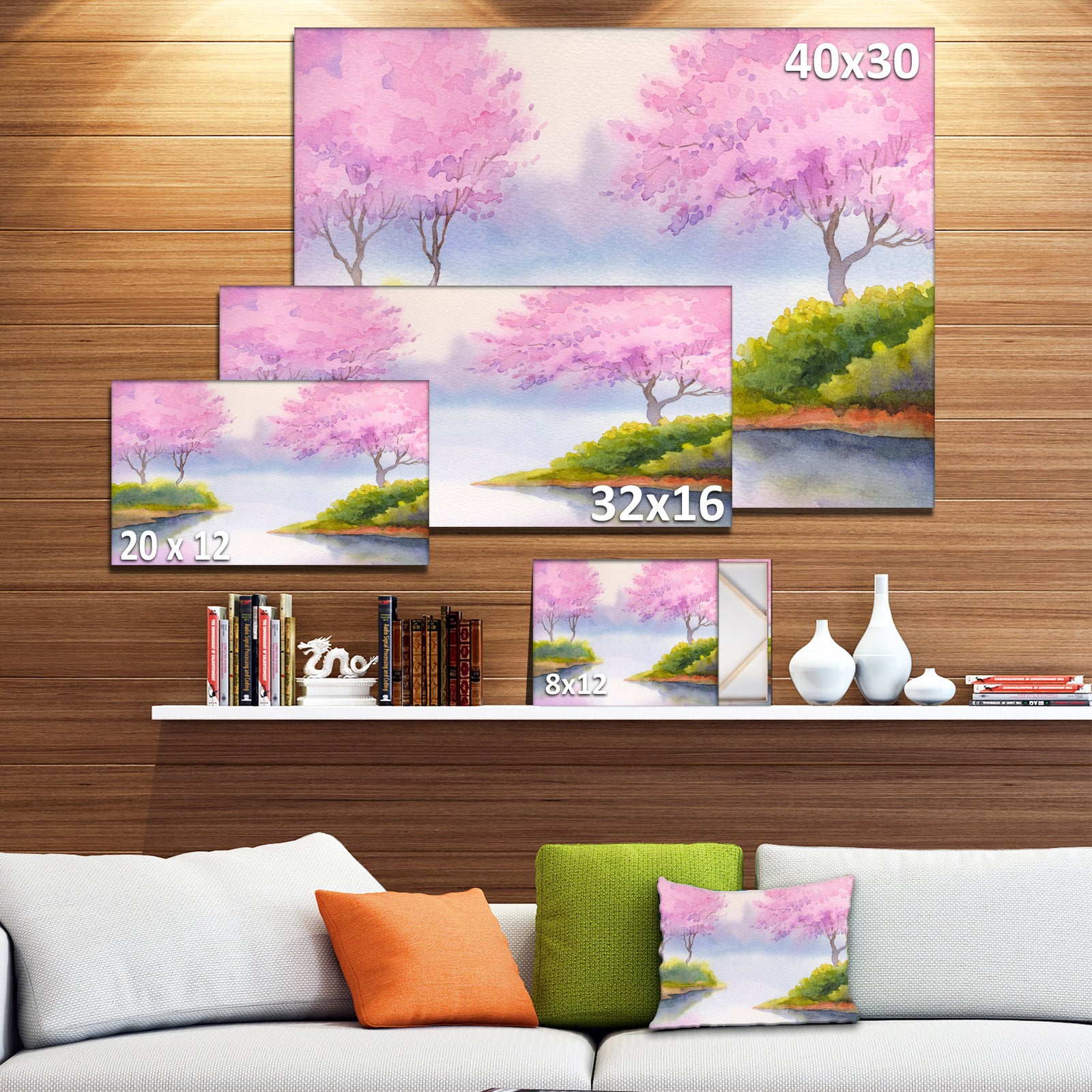Flowering Trees Over River - Landscape Canvas Print