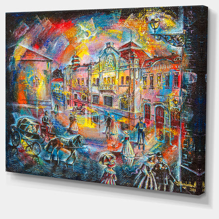 Night City with People - Cityscape Canvas Artwork