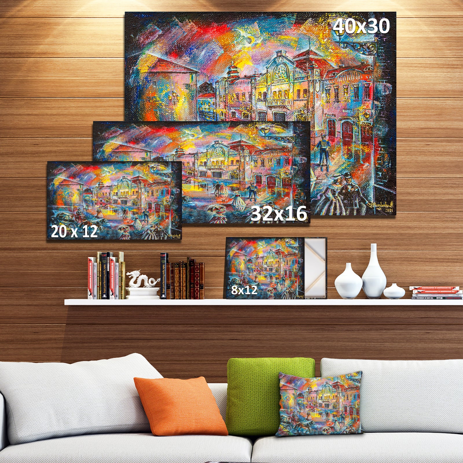 Night City with People - Cityscape Canvas Artwork