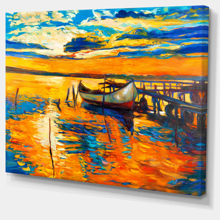 Boat and Jetty at Sunset - Landscape Canvas Artwork