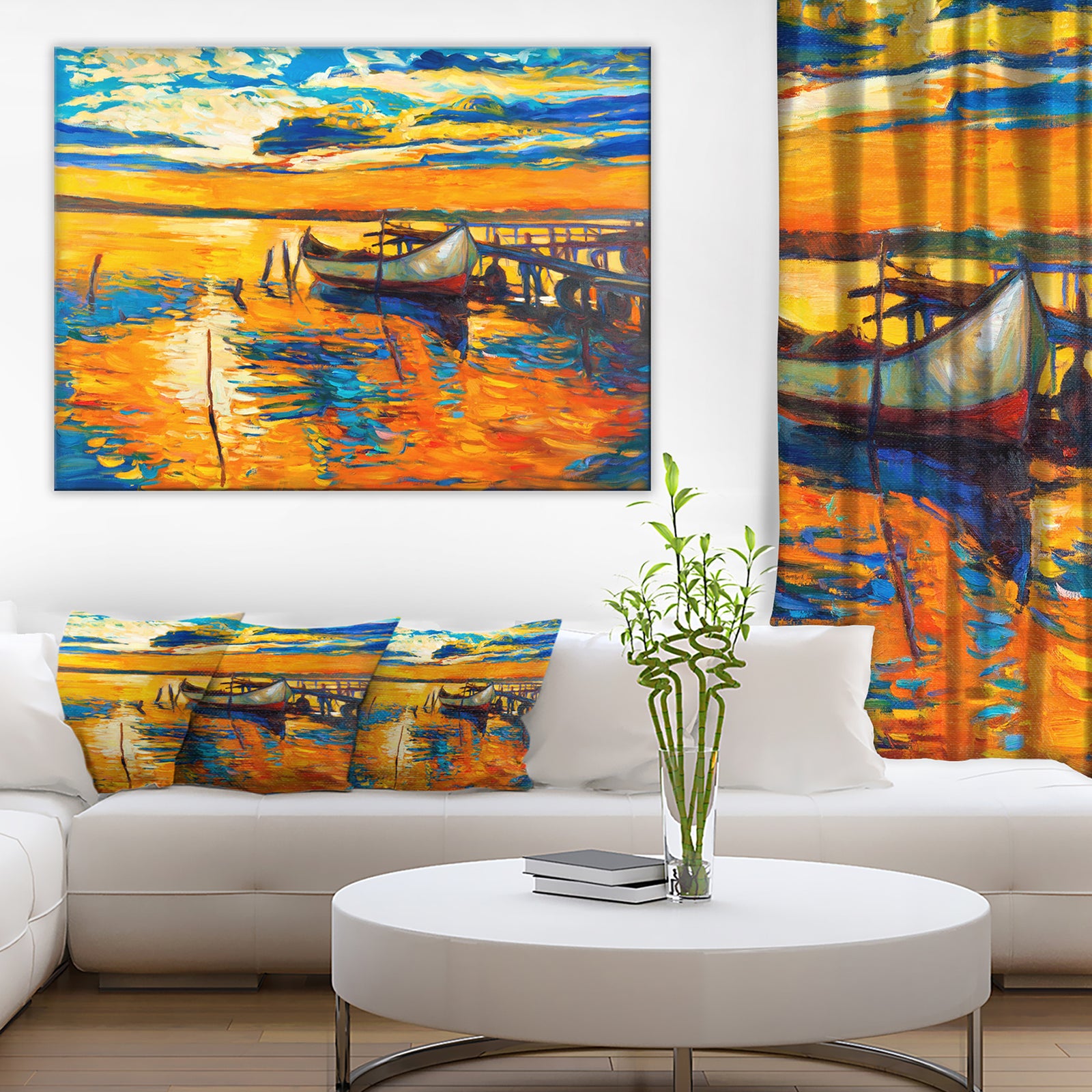 Boat and Jetty at Sunset - Landscape Canvas Artwork