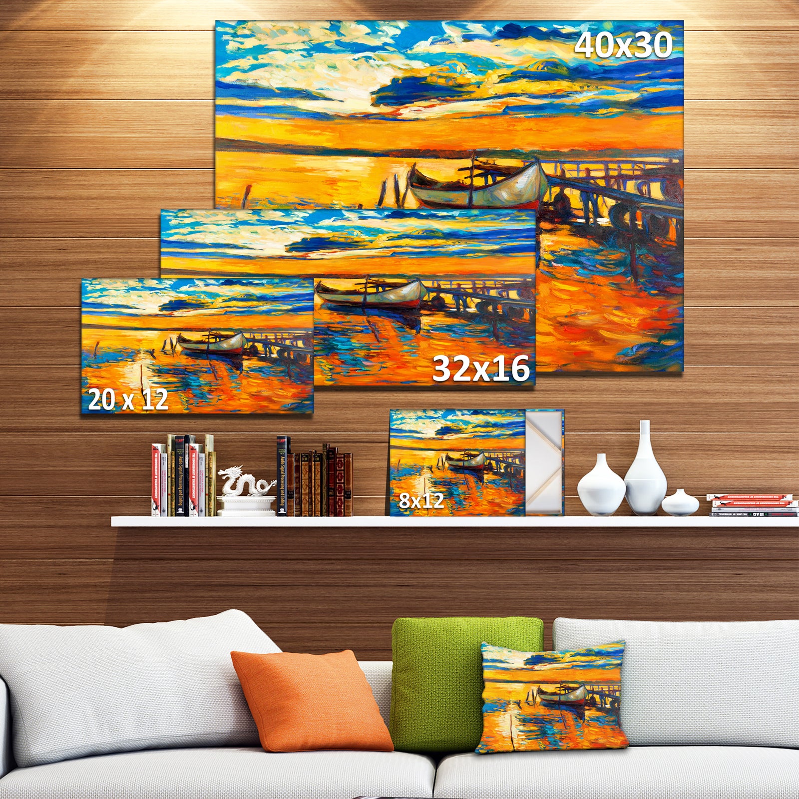 Boat and Jetty at Sunset - Landscape Canvas Artwork