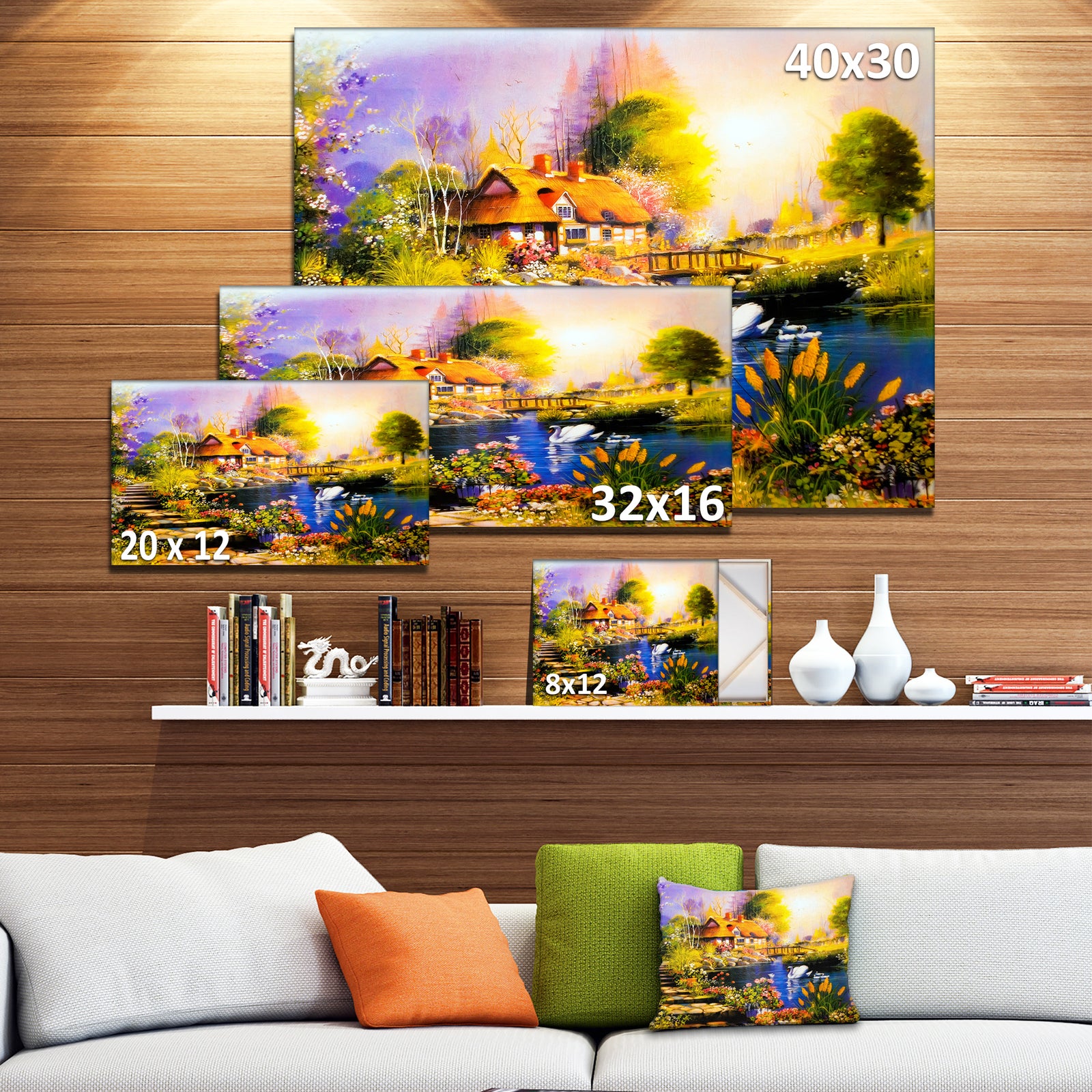 House near the Lake Swans - Landscape Canvas Artwork