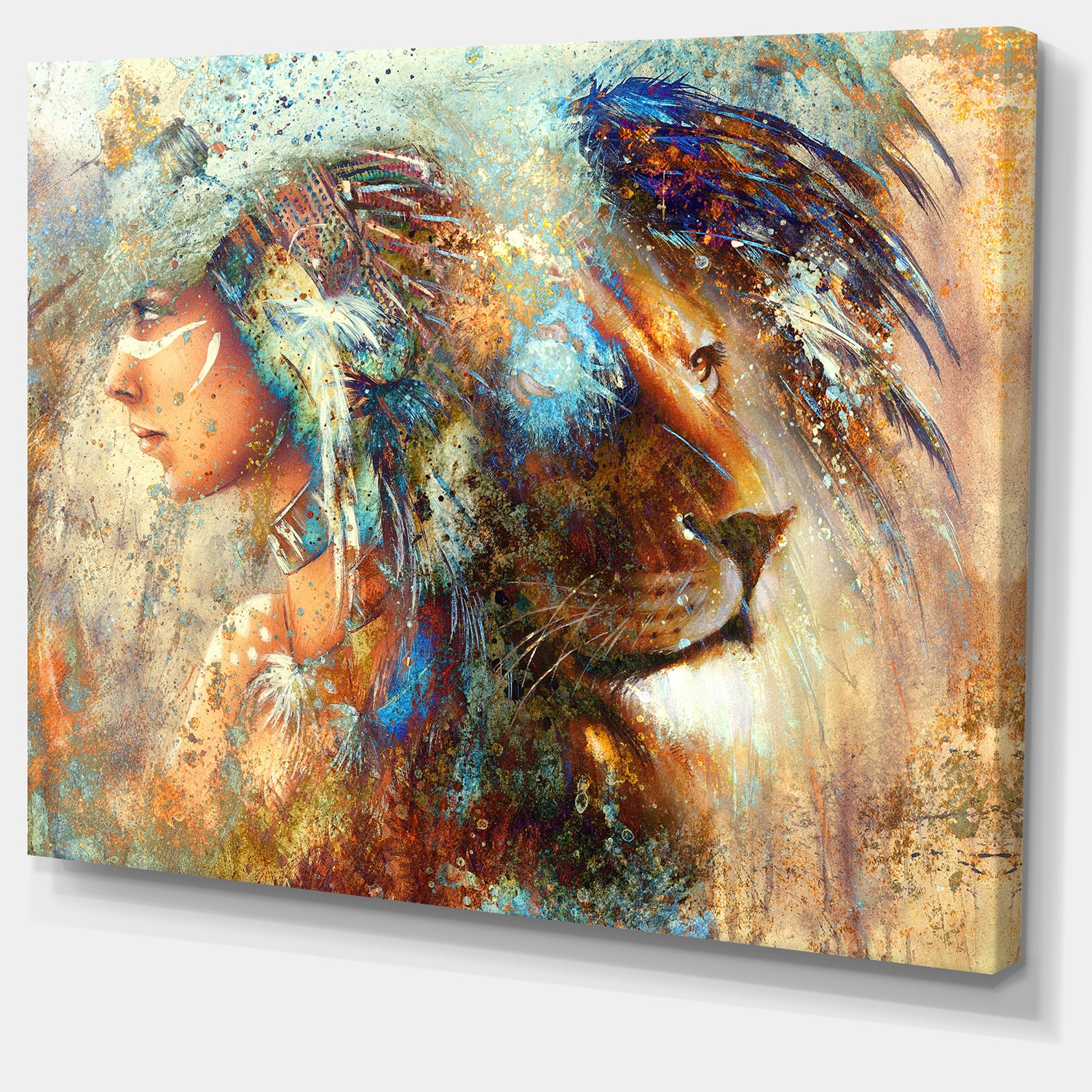 Indian Woman Collage with Lion - Indian Canvas Artwork