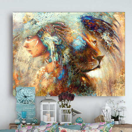 Indian Woman Collage with Lion - Indian Canvas Artwork