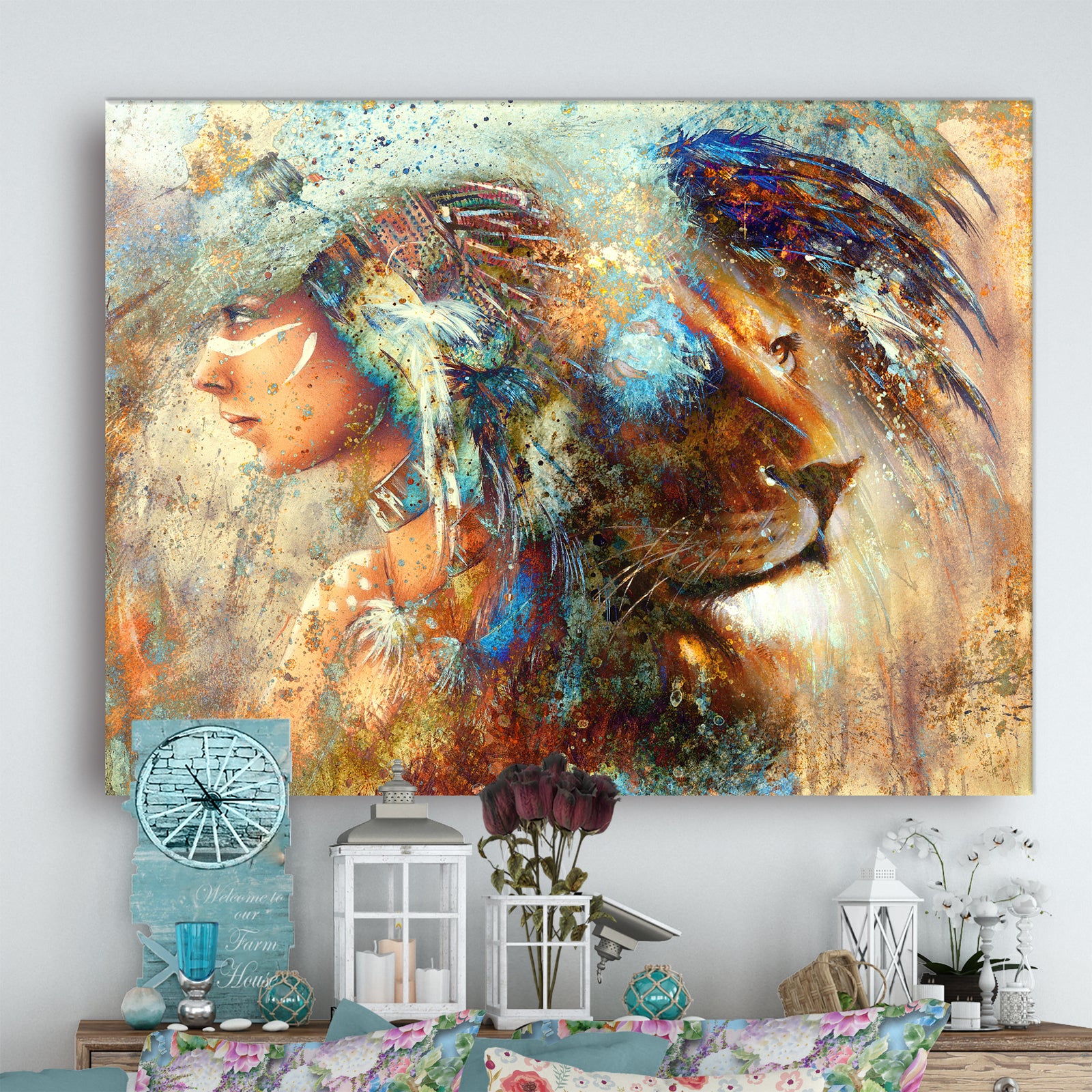 Indian Woman Collage with Lion - Indian Canvas Artwork
