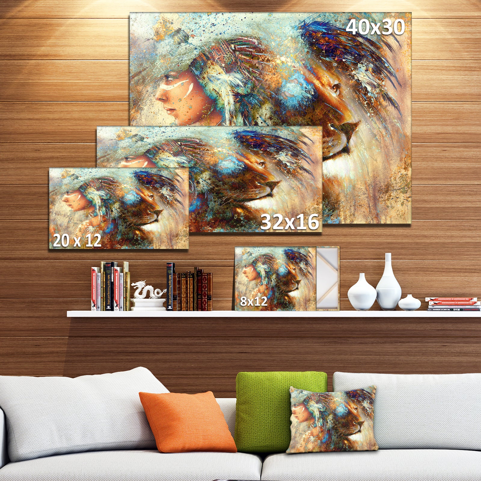 Indian Woman Collage with Lion - Indian Canvas Artwork