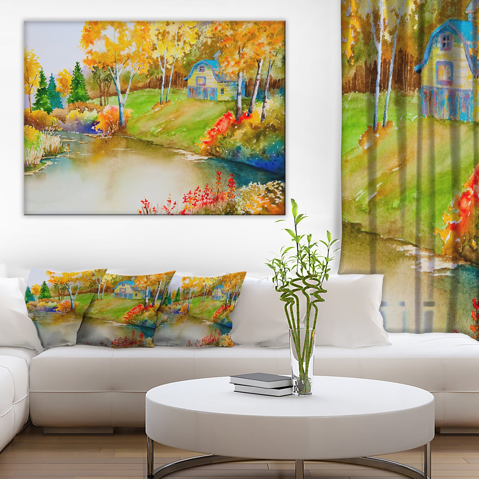 House and Quiet Pond in Fall - Landscape Canvas Art Print