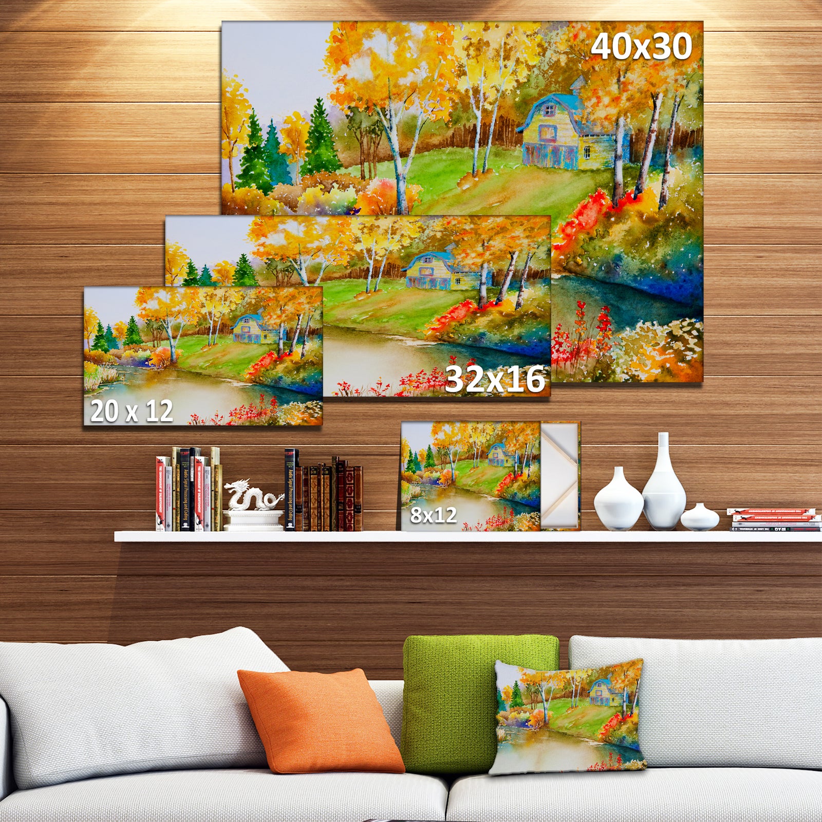 House and Quiet Pond in Fall - Landscape Canvas Art Print
