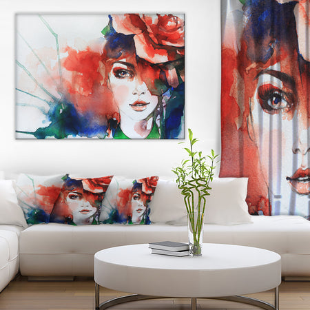 Woman with Rose Illustration - Abstract Canvas Artwork