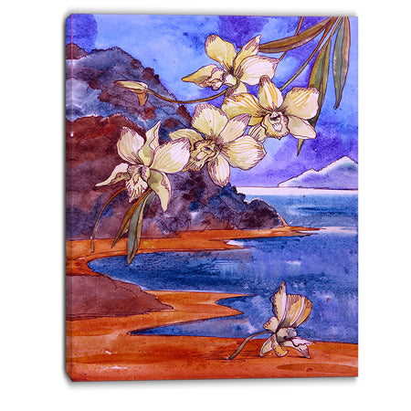 White Orchid with Sea - Floral Canvas Print