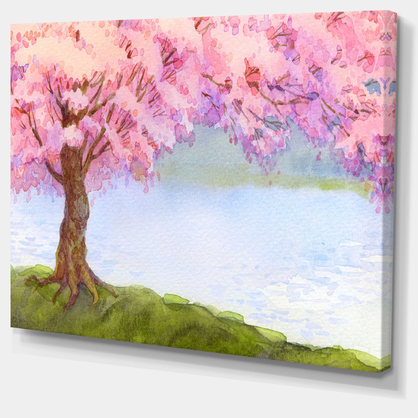 Flowering Pink Tree by Lake - Floral Canvas Art Print