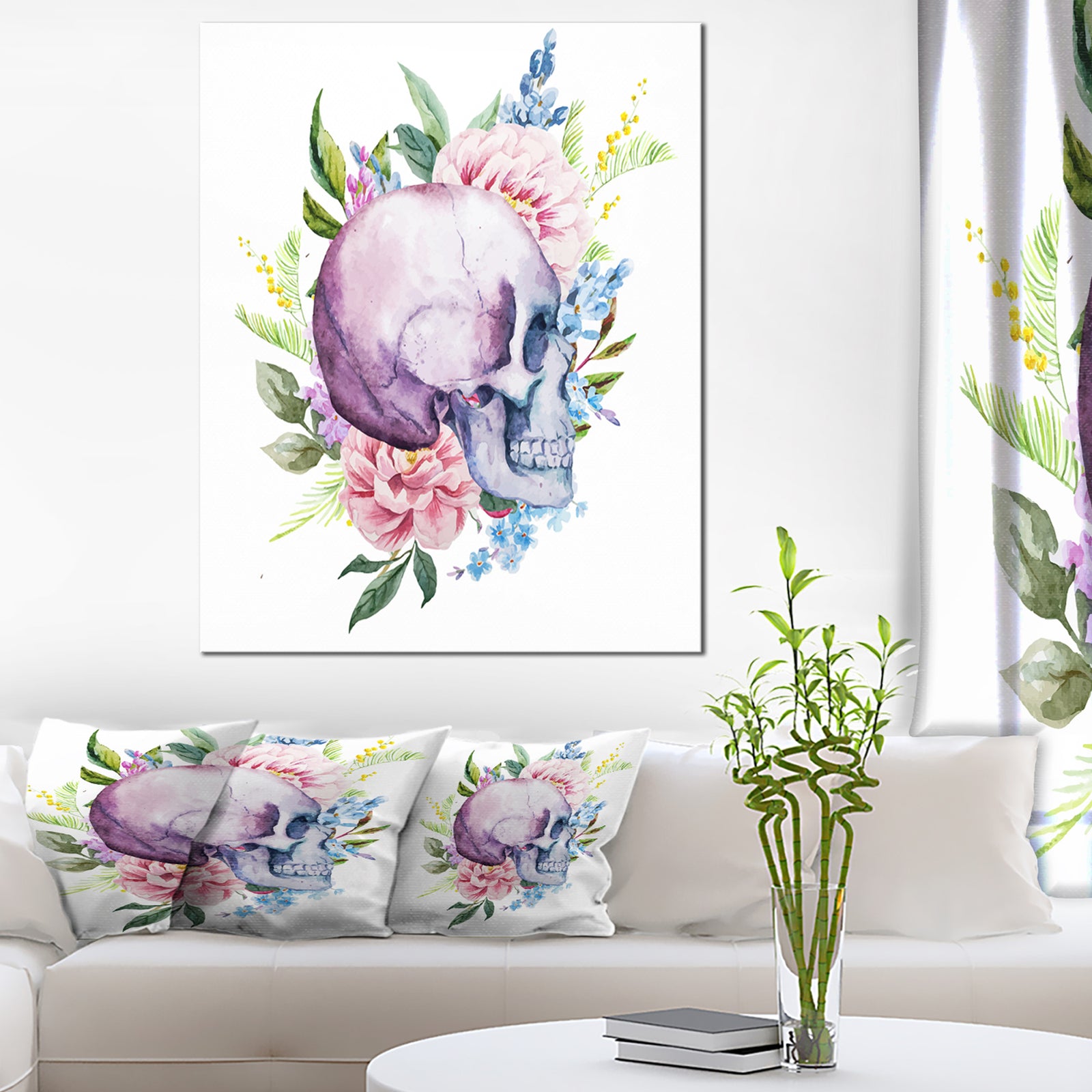 Skull with Flower Borders - Digital Floral Canvas Art Print