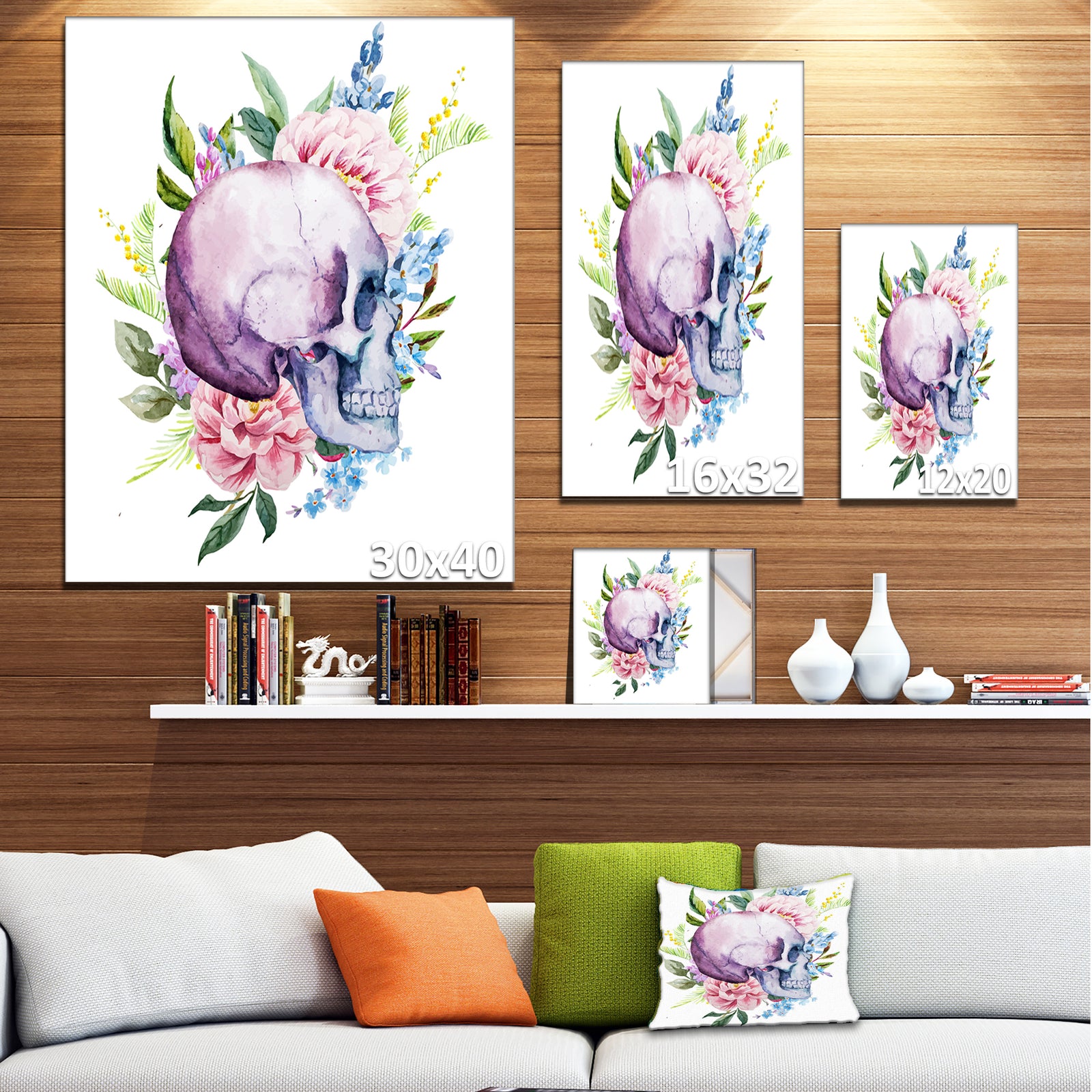 Skull with Flower Borders - Digital Floral Canvas Art Print
