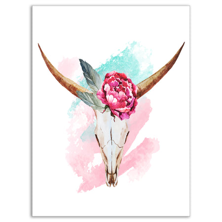 Bull Skull and Flower - Floral Digital Canvas Art Print