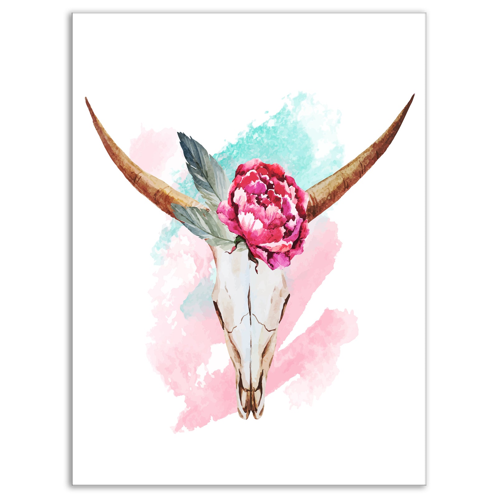 Bull Skull and Flower - Floral Digital Canvas Art Print