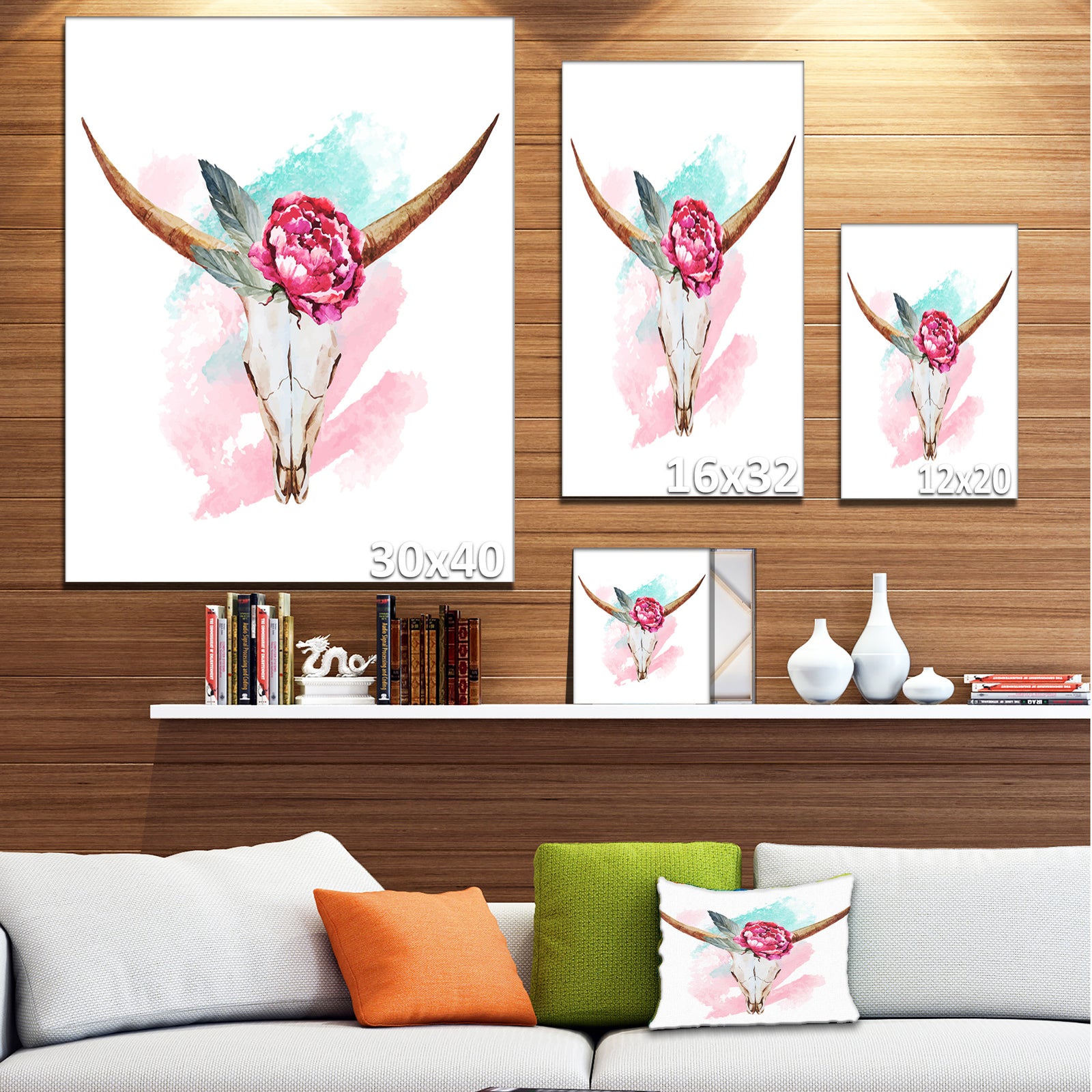 Bull Skull and Flower - Floral Digital Canvas Art Print