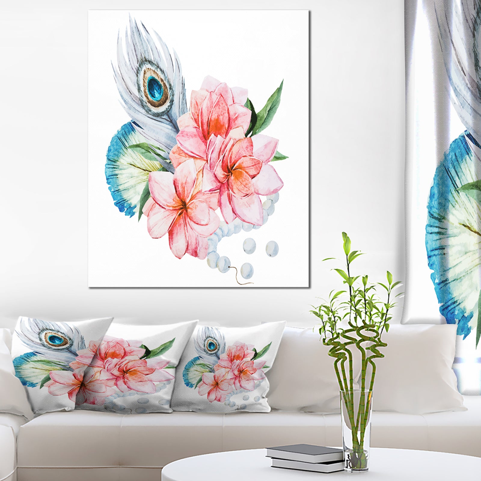 Flowers and Peacock Feather - Floral Canvas Art Print