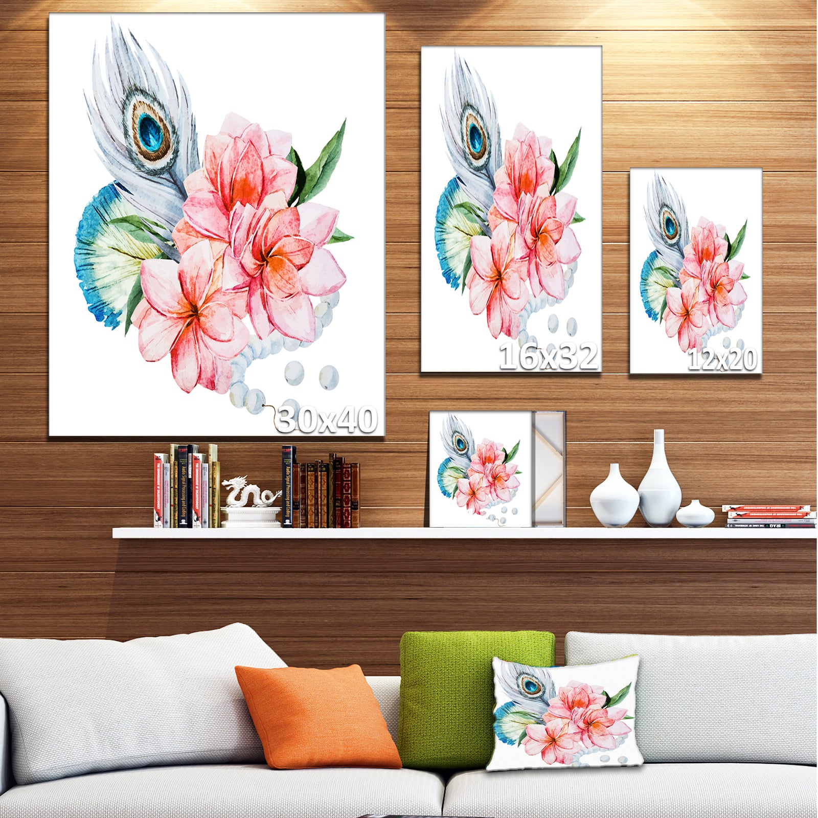 Flowers and Peacock Feather - Floral Canvas Art Print
