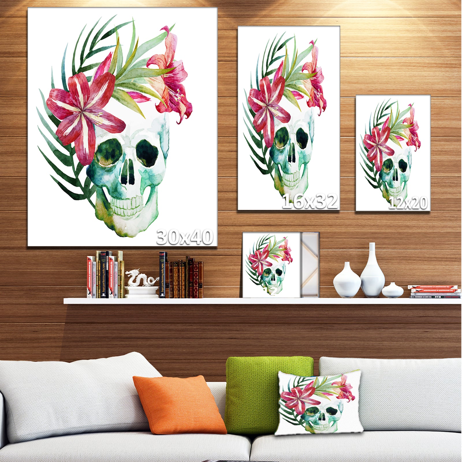 Watercolor Skull with Flowers - Floral Canvas Art Print