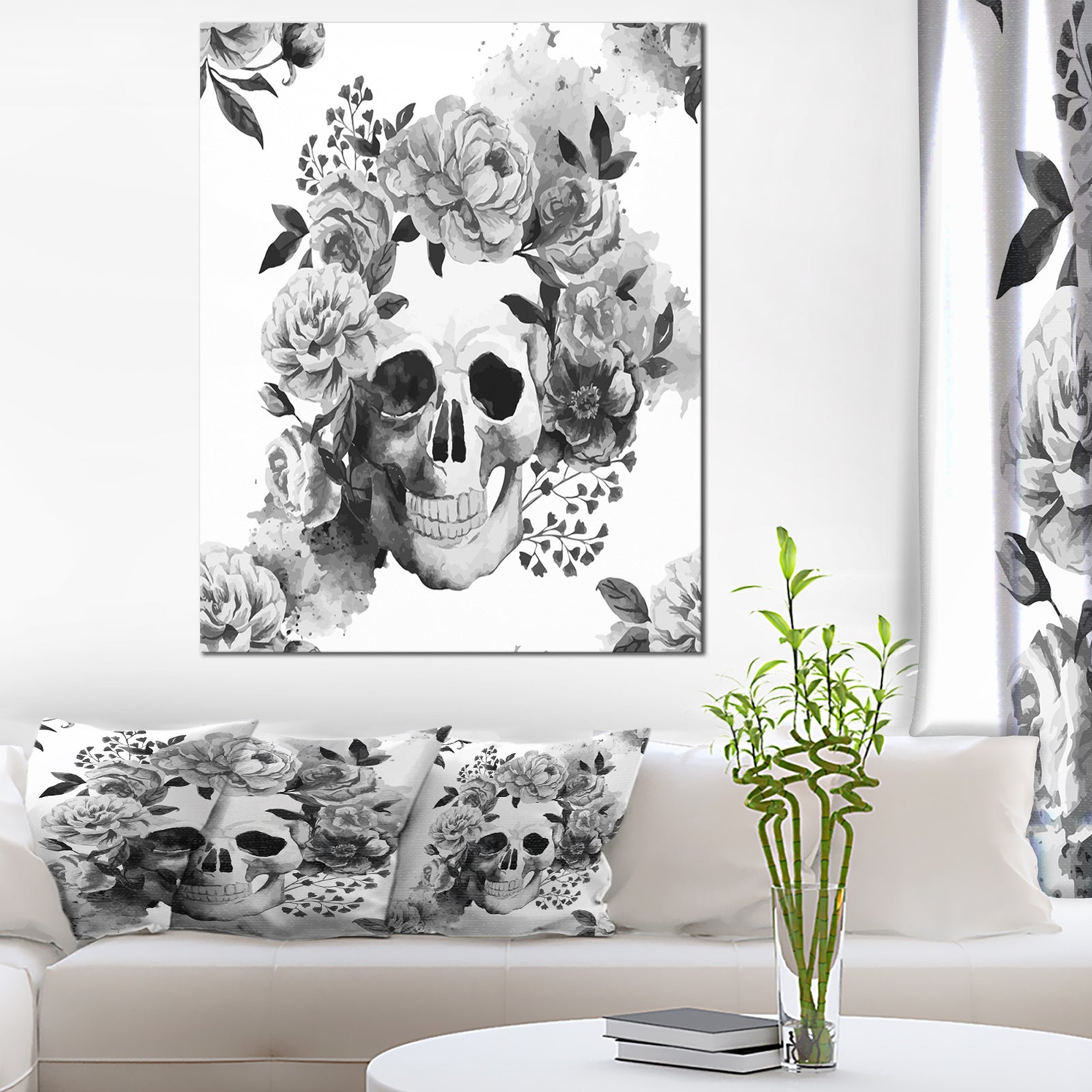 Peony Watercolor Skull - Digital Canvas Art Print