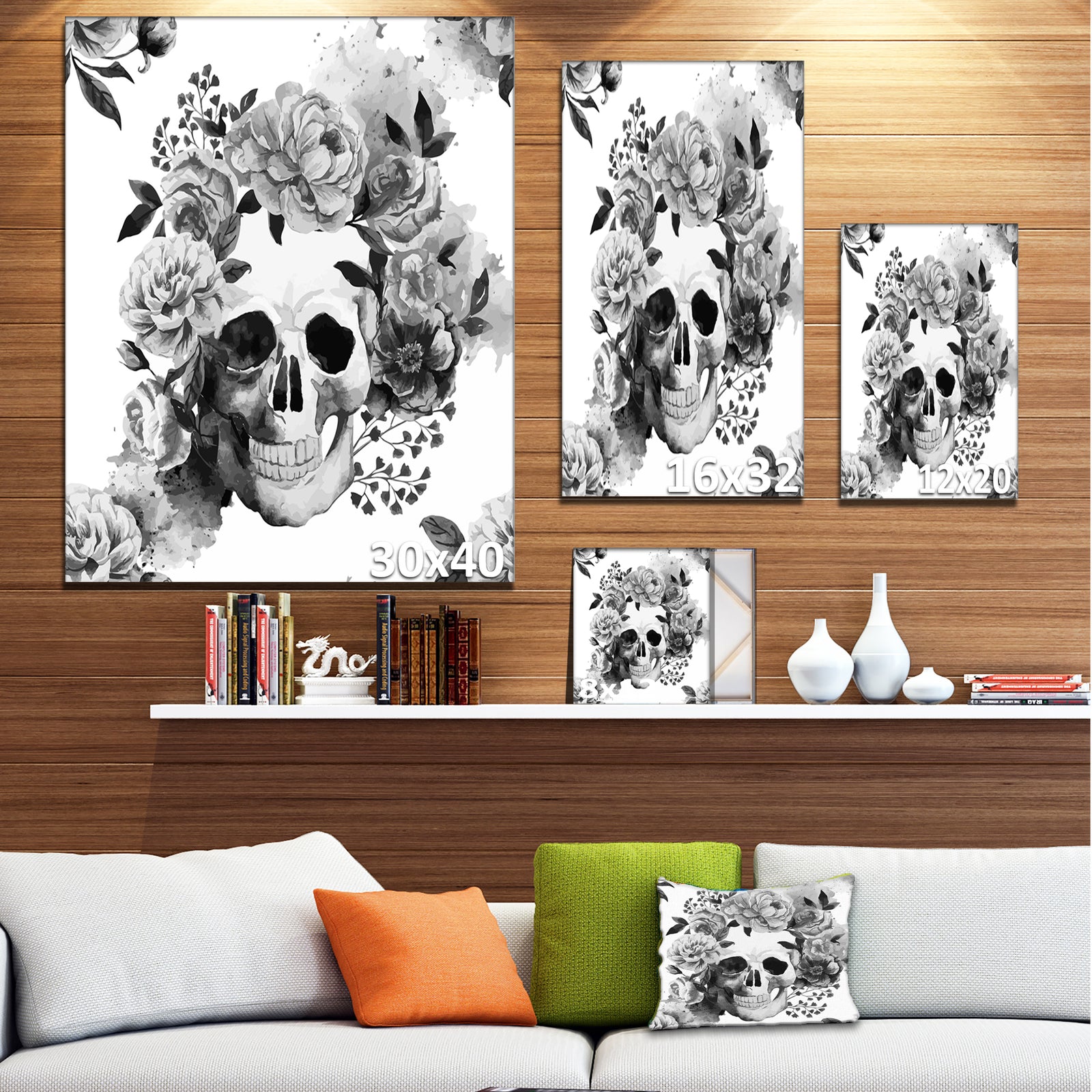 Peony Watercolor Skull - Digital Canvas Art Print