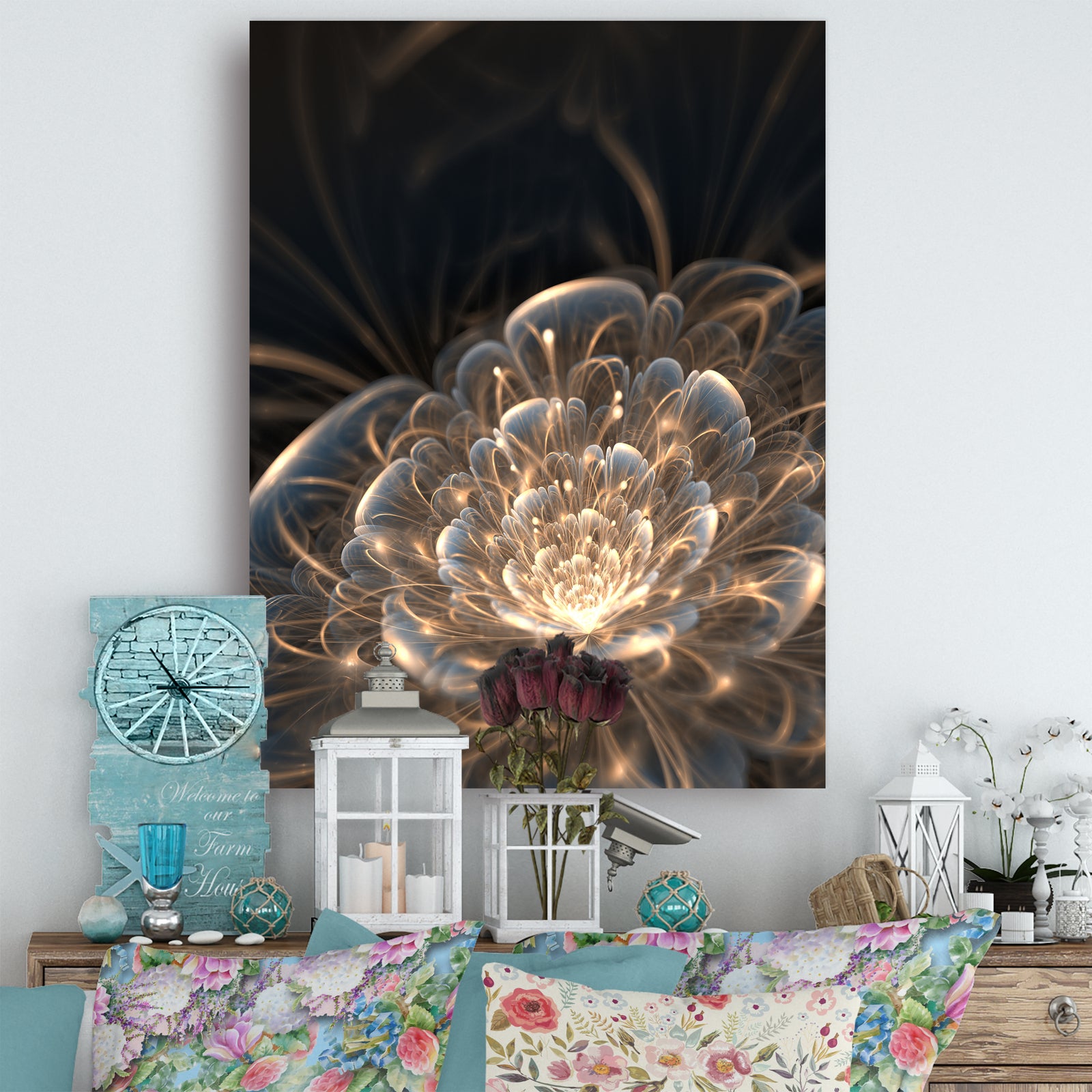 Fractal Flower with Golden Rays - Floral Canvas Art Print