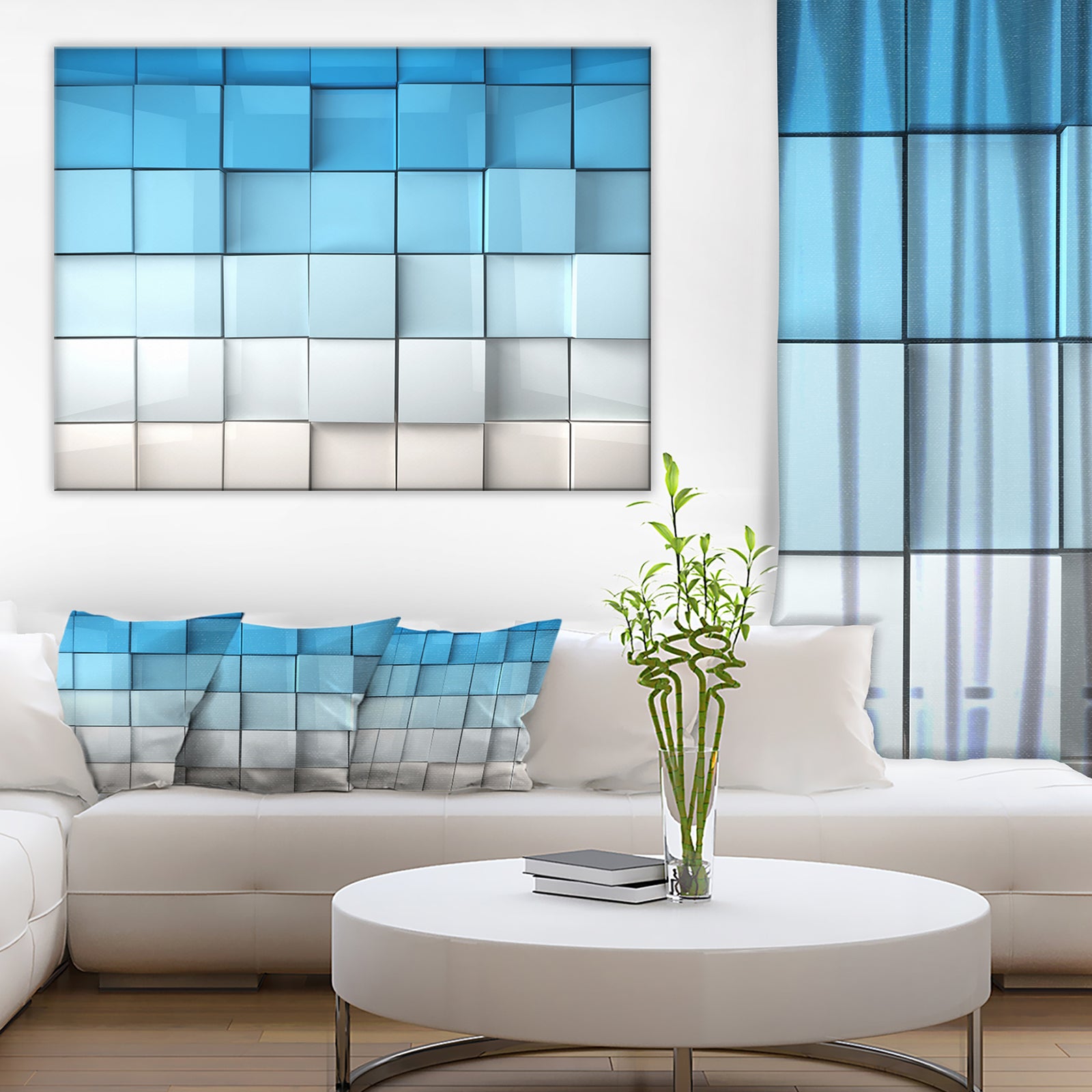 Blue and White Mosaic Cubes - Contemporary Artwork