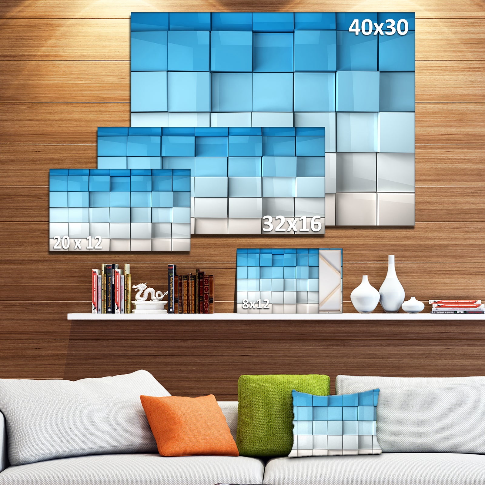 Blue and White Mosaic Cubes - Contemporary Artwork
