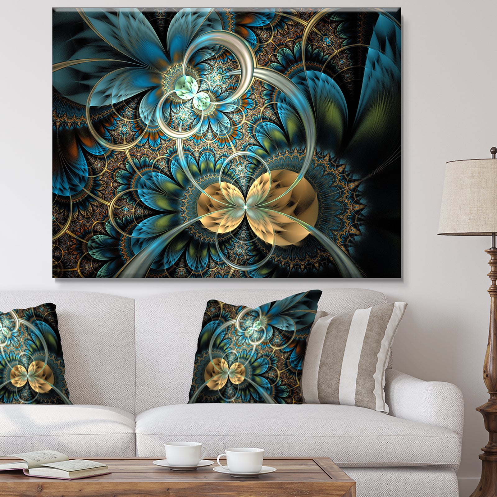 Symmetrical Blue Gold Fractal Flower - Abstract Print On Canvas
