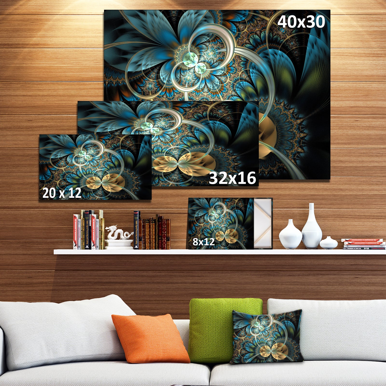 Symmetrical Blue Gold Fractal Flower - Abstract Print On Canvas