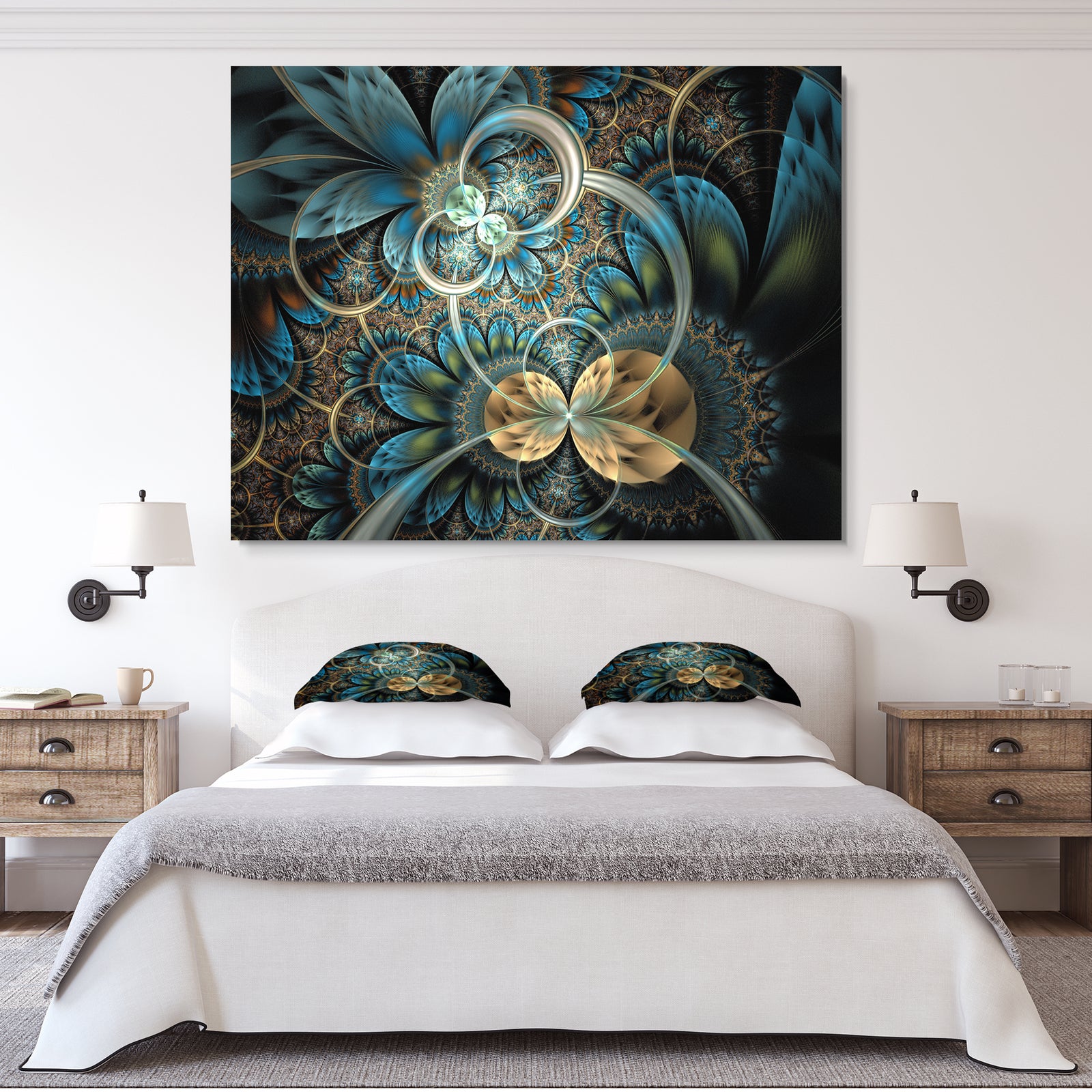 Symmetrical Blue Gold Fractal Flower - Abstract Print On Canvas