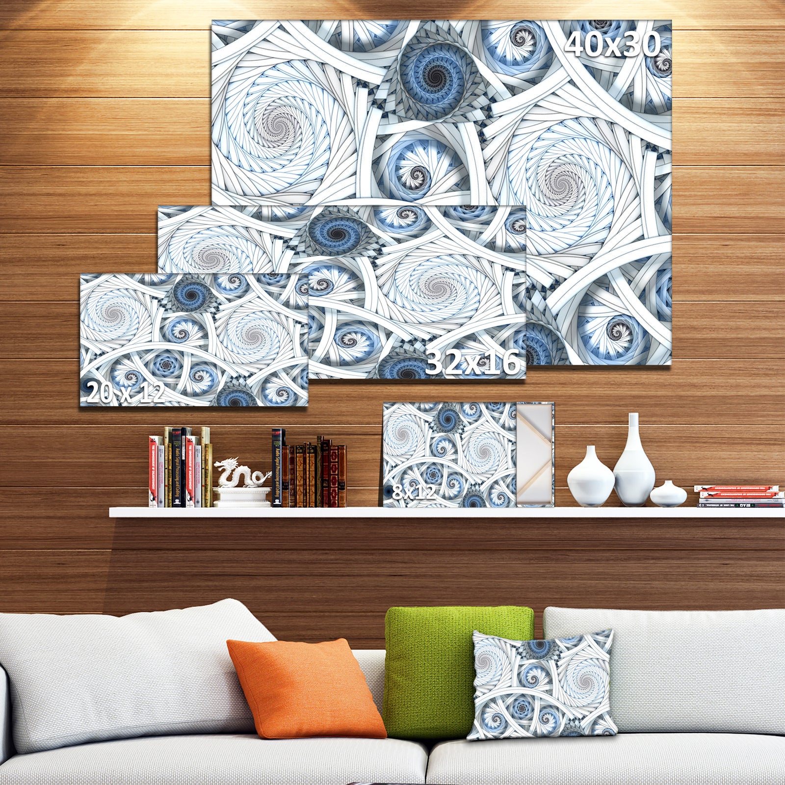 White Spiral with Blue Fractal Art - Abstract Digital Canvas Print