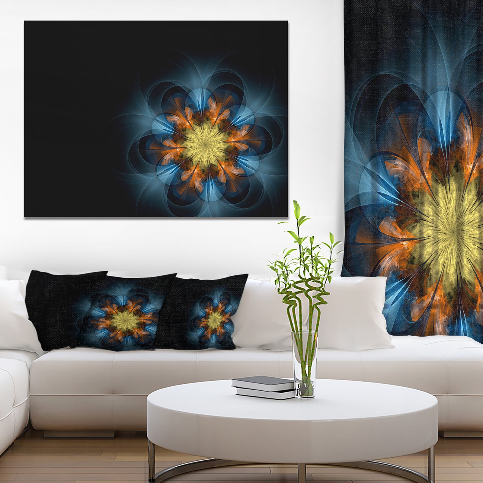 Symmetrical Blue Orange Fractal Flower - Digital Art Canvas Print