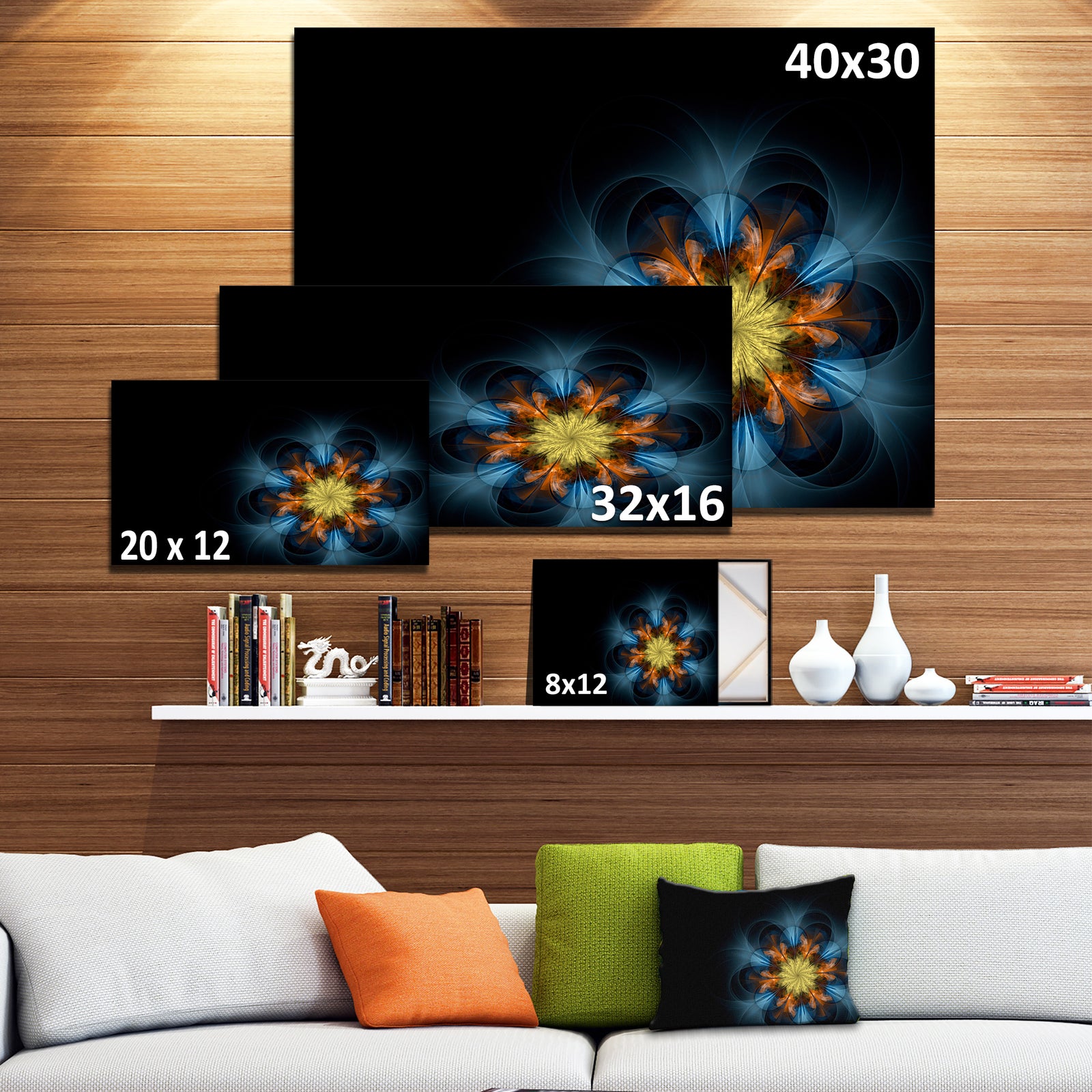 Symmetrical Blue Orange Fractal Flower - Digital Art Canvas Print