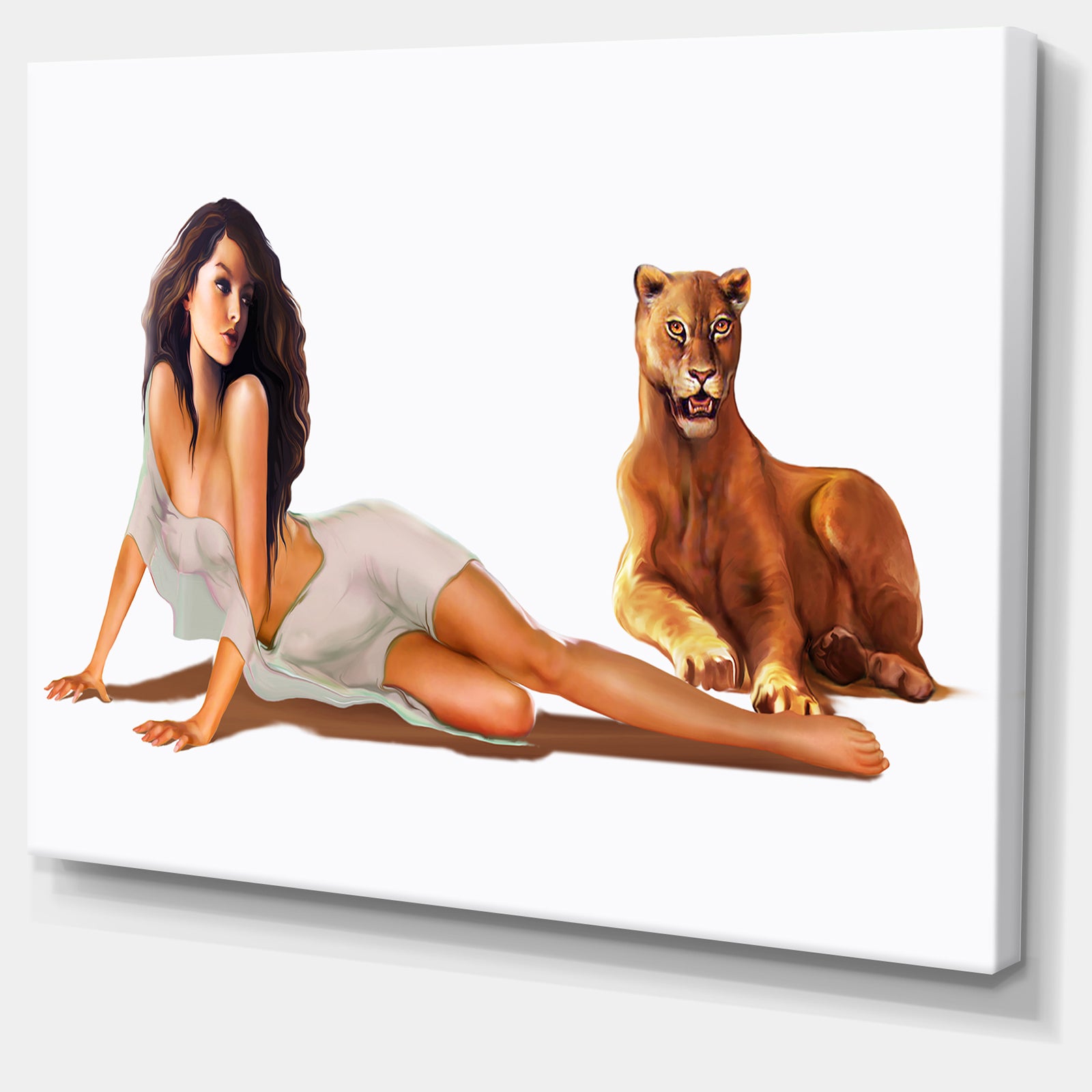 Sexy Woman with Lion - Portrait Digital Art Canvas Print